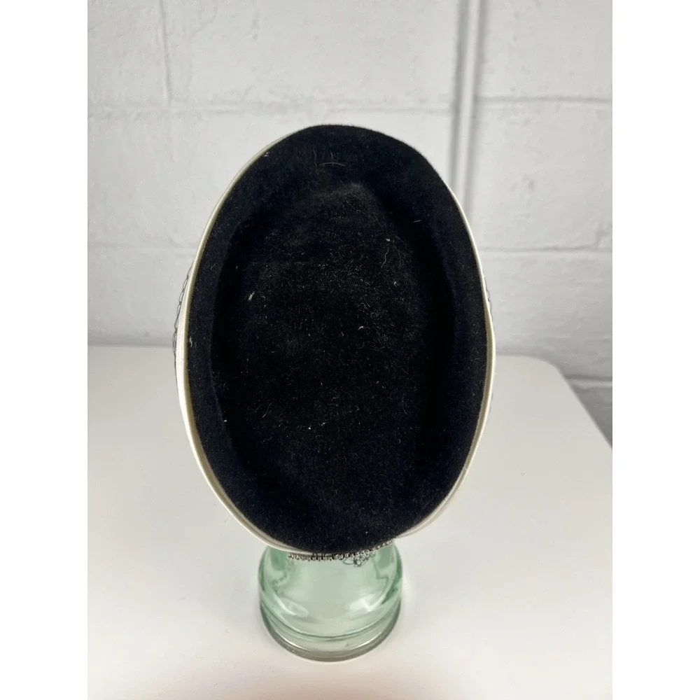 Vintage Pillbox Hat Satin Ribbon Black Ivory Rhinestone Accent Netting Wanamaker